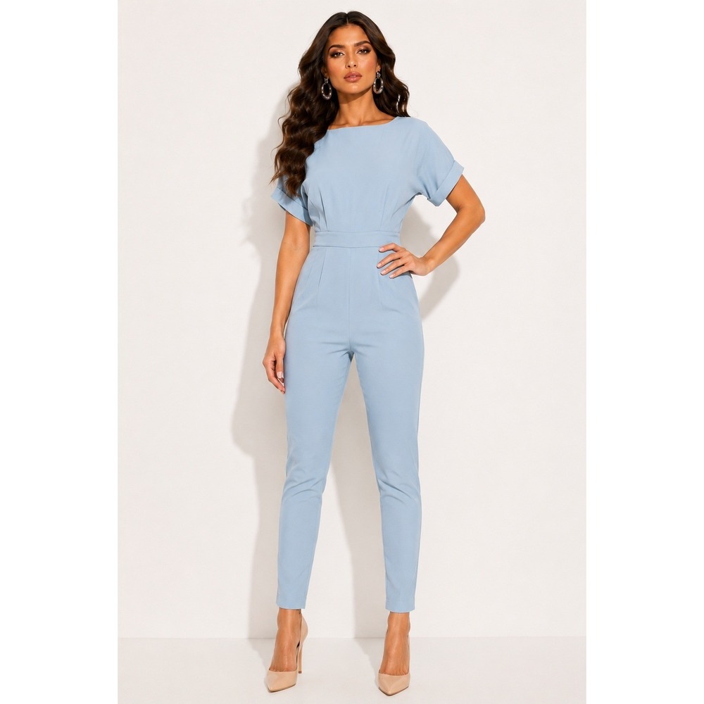 Alexia Admor Sadie Boatneck Tapered Jumpsuit Powder Blue Short Sleeve / Size M